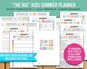Kid's Summer Planner Schedule BUNDLE! - 11 - 8.5x11 Pages - PRINTABLE - Children Vacation Organizer - Checklist & Notes - PLUS 4pg Book Log!