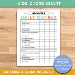 Kids Chore Chart | Responsibility Chart | Kids Daily Checklist| Kids Schedule | Editable 8.5x11&quot; PDF & Blank