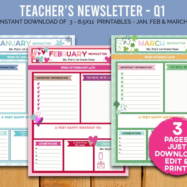 Teacher Monthly Classroom Newsletter - Weekly - January, February, March - EDITABLE AND BLANK! - Elementary and Daycare Class News Sheet