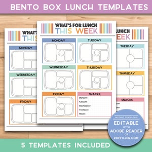 Bento Box Lunch Templates - 5 Layouts Included! - Yumbox, Bentgo, Munchkin Organizer for Kids, Tweens & Teens - 8.5x11 Modern Printable