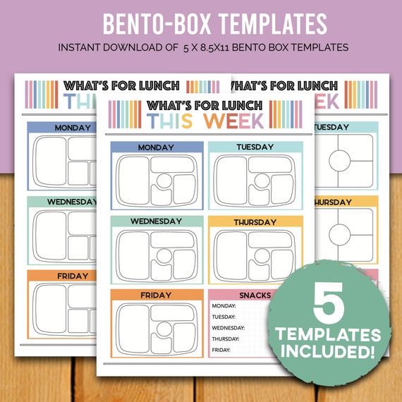 Bento Box Lunch Templates 5 Layouts Included Yumbox, Bentgo, Munchkin  Organizer for Kids, Tweens & Teens 8.5x11 Modern Printable 