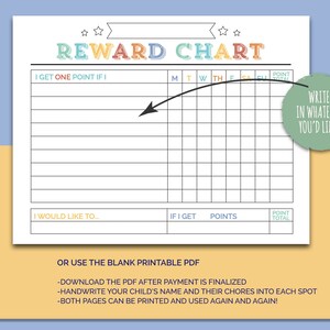 May include: A printable reward chart with a colorful title and a grid for tracking points earned each day of the week. The chart includes a section for writing in what the child would like to earn and a section for writing in the chores or tasks that earn points.
