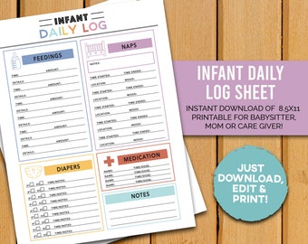 Infant Daily Log - Baby Schedule Guide - 8.5x11 Printable - INSTANT Download - Food, Sleep, Nap, Feeding Tracker
