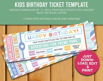 KIDS Birthday Ticket Template - Experience, Theme Park, Show, Concert, Trip & Vacation Ticket - Includes BLANK AND Editable Versions!