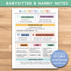 Babysitter BUNDLE Notes | Nanny Notes | Caregiver Printable - 8.5x11 - 1, 2, 3 Kid Options - Now With BABY ROUTINE & Individual Kid Pages