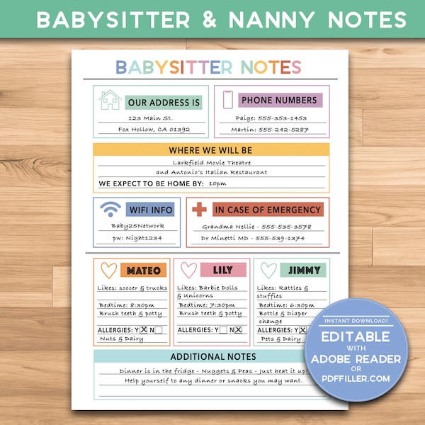 Babysitter BUNDLE Notes | Nanny Notes | Caregiver Printable - 8.5x11 - 1, 2, 3 Kid Options - Now With BABY ROUTINE & Individual Kid Pages