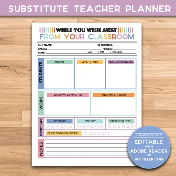Substitute Teacher Note Template | Editable | 8.5x11 Sub Teacher Planner | While You Were Away Printable | Classroom, Elementary, Professor