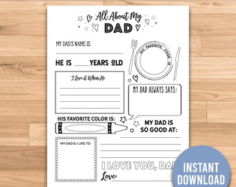 Todo sobre PAPÁ / Día del Padre Imprimible / Regalo del Día del Padre / Rellenar el espacio en blanco / Descarga INSTANTÁNEA