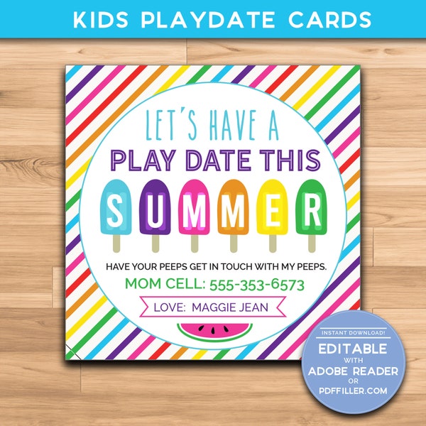 Kids Summer Play Date Cards, Kids Calling Cards, End of School Year Contact Card, Keep In Touch Card, Kids Business Card