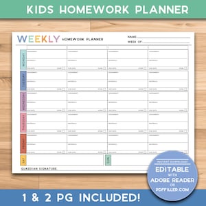 May include: A printable weekly homework planner with a colourful design. The planner includes sections for each day of the week, with space for assignments, materials, due dates, and a done check box. The planner also includes a space for a guardian signature. The text "1 & 2 PG INCLUDED!" is at the bottom of the page.