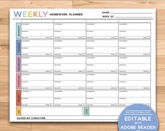 Può includere: Un pianificatore settimanale dei compiti stampabile con un design colorato. Il pianificatore include sezioni per ogni giorno della settimana, con spazio per i compiti, i materiali, le date di scadenza e una casella di controllo per indicare che il compito è stato completato. Il pianificatore include anche uno spazio per la firma di un tutore. Il testo "1 & 2 PG INCLUDED!" è in fondo alla pagina.