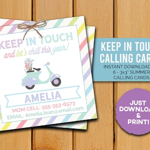 Keep In Touch Calling Card, Sommercamp Infokarte, Kinder Visitenkarte, druckbare Tween Calling Card, Playdate Info, Ende des Schuljahres