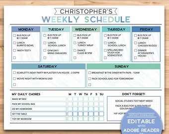 Kid's, Tweens and Teens BLUE Weekly Schedule 8.5x11 Printable | Week at a Glance | Daily Organization Planner | Editable & Blank!
