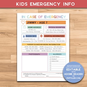 Kids Emergency Information Sheet | Emergency Printable | ICE Printable for Police, Hospital, Fireman | What If Binder | In Case of Emergency