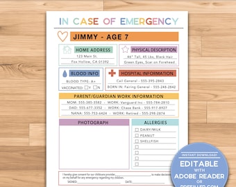 Kids Emergency Information Sheet | Emergency Printable | ICE Printable for Police, Hospital, Fireman | What If Binder | In Case of Emergency