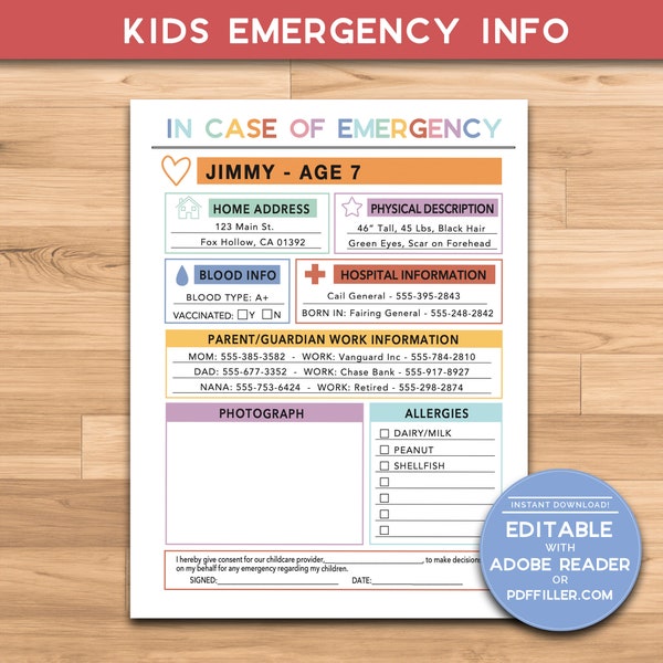 Kids Emergency Information Sheet | Emergency Printable | ICE Printable for Police, Hospital, Fireman | What If Binder | In Case of Emergency