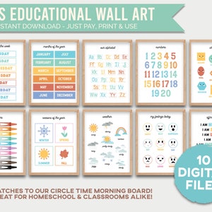 Kids Educational Posters - 10 8x10 AND 11x14 - Morning Time, Daycare, PreSchool, Elementary,Homeschool & Montessori Wall Art - Classroom Art