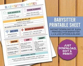 Babysitter Notes Sheet Printable - 8.5x11 Editable or Blank Notes for Caretaker - 1, 2 & 3 Kid Options - Caregiver Info Sheet