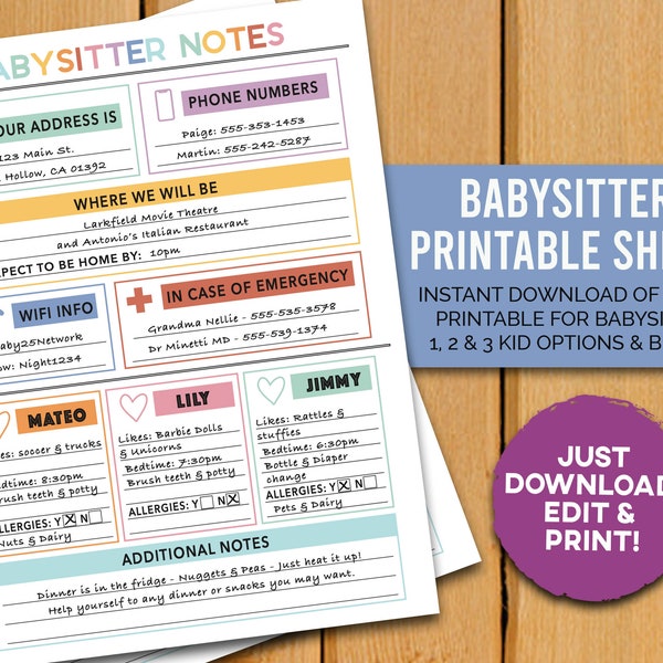 Babysitter Notes Sheet Printable - 8.5x11 Editable or Blank Notes for Caretaker - 1, 2 & 3 Kid Options - Caregiver Info Sheet