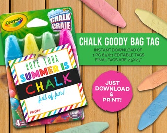 Summer Chalk Gift and Goody Bag Tags - End of School Treat Tags - 2.5x2.5" EDITABLE or BLANK Tags for Kids Treat Bags