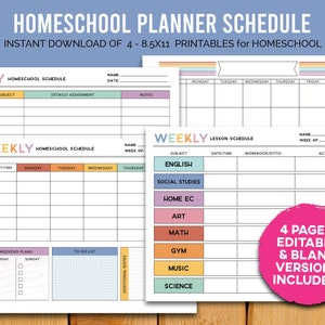 May include: Printable homeschool planner schedule with daily and weekly layouts. The daily schedule has columns for time, subject, details/assignment, and notes. The weekly schedule has columns for subject/time, Monday through Thursday, and weekend plans. The weekly lesson schedule has columns for subject, date/time, workbook/ditto, and activity. The planner includes subjects like English, Social Studies, Home EC, Art, Math, Gym, Music, and Science.