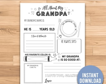 All About Grandpa | Fathers Day Printable | Fathers Day Gift | Grandpa Gift | Papa, Grandpa, Pop