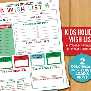 Lista de deseos para NIÑOS, PREADOLESCENTES Y ADOLESCENTES: 2 combinaciones de colores: ideas para regalos de Navidad, de Navidad o de Hanukkah: lista de Papá Noel para imprimir: descarga instantánea
