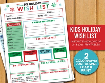 KIDS/TWEENS & TEENS Wish List - 2 Colorways - Christmas or Xmas or Hanukkah Gift Ideas - Santa List Printable - Instant Download