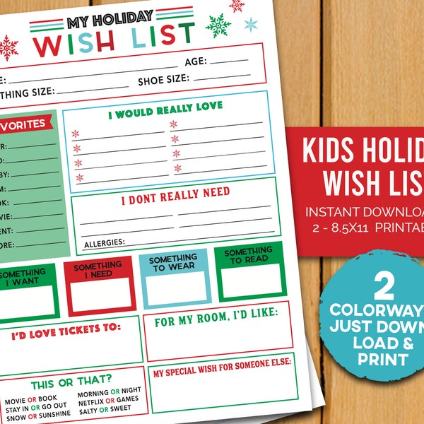 KIDS/TWEENS & TEENS Wish List - 2 Colorways - Christmas or Xmas or Hanukkah Gift Ideas - Santa List Printable - Instant Download