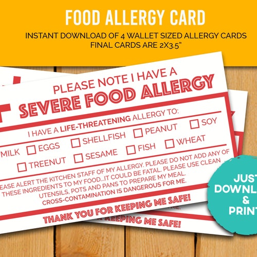 Food Allergy Card TOP 9 PRINTABLE Food Allergens for - Etsy