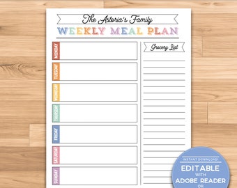 Wöchentlicher Menüplaner | Einkaufsliste | Abendessen-Planer | Bearbeitbar 8,5 x 11 PDF | Food Journal | Familien-Essens-Zeitplan
