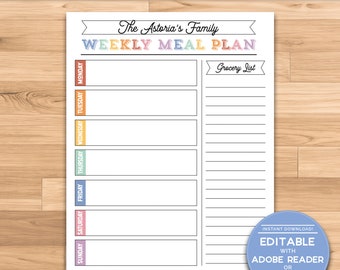 Weekly Meal Planner | Grocery List | Dinner Planner | Editable 8.5x11 PDF | Food Journal | Family Meal Schedule