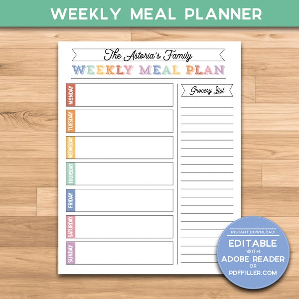 Weekly Meal Planner | Grocery List | Dinner Planner | Editable 8.5x11 PDF | Food Journal | Family Meal Schedule