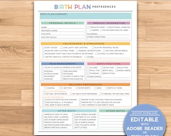 Birth Plan Template | Birth Plan Printable | Editable Birth Plan Preferences | Natural Birth Plan | Rainbow Birth Plan Template