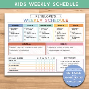 Kid's Weekly Schedule | Teen Schedule| Activity Planner | 8.5x11 Printable | Week at a Glance | Daily Organization Planner
