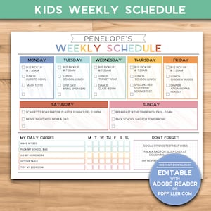 Puede incluir: Un horario semanal imprimible para niños con un diseño colorido. El horario incluye actividades diarias, tareas y una sección "¡No olvides!" para recordatorios. El horario se titula "Horario semanal de Penelope".