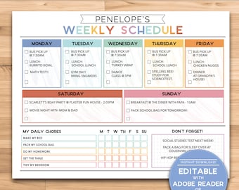 May include: A printable weekly schedule for kids with a colorful design. The schedule includes daily activities, chores, and a "Don't Forget!" section for reminders. The schedule is titled "Penelope's Weekly Schedule".