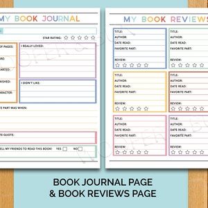 May include: Printable book journal and review pages with colorful borders. The journal page has sections for book title, author, number of pages, genre, date started, date finished, main character, favorite part, favorite quote, and whether you would recommend the book to friends. The review pages have sections for title, author, date read, favorite part, and a 5-star rating.