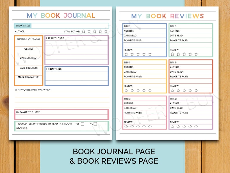 May include: Printable book journal and review pages with colorful borders. The journal page has sections for book title, author, number of pages, genre, date started, date finished, main character, favorite part, favorite quote, and whether you would recommend the book to friends. The review pages have sections for title, author, date read, favorite part, and a 5-star rating.