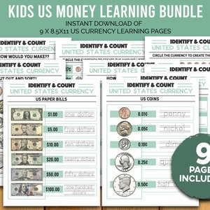 Kids US Currency Learning Pages - Count and Identify US Money - Paper and Coins - 9 Pg INCLUDED! - Printable - Money math, sorting & more!