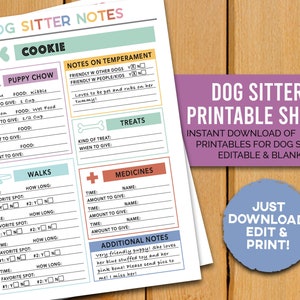 May include: Printable dog sitter notes sheet with sections for food, treats, walks, and medicines. The sheet is in a light blue, pink, and yellow color scheme with a dog bone icon at the top. The text "Dog Sitter Printable Sheet" is in a purple box at the top of the page. The text "Just Download, Edit & Print!" is in a blue circle at the bottom of the page.