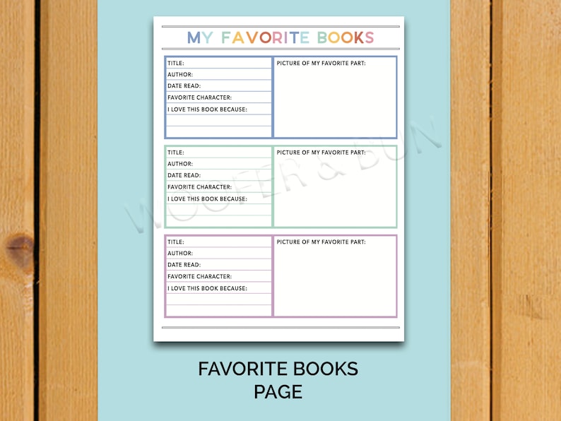 May include: A printable worksheet with a colorful title "My Favorite Books" and three sections for listing book titles, authors, dates read, favorite characters, and reasons for liking the books. Each section has a space for drawing a picture of the favorite part of the book.