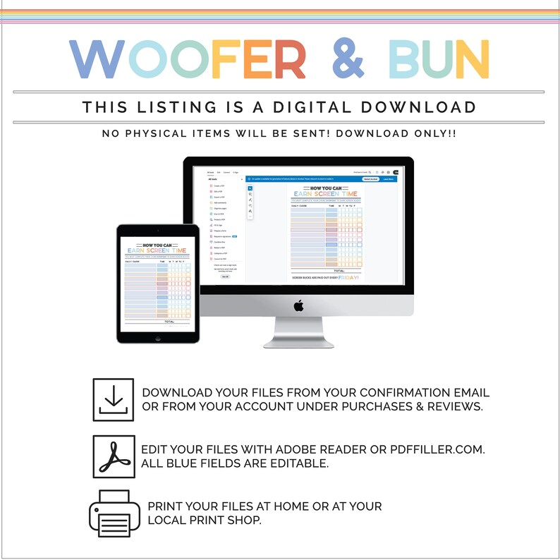 May include: A digital download for a printable chore chart for kids. The chart is titled "How You Can Earn Screen Time". The chart is designed to be edited with Adobe Reader or PDFfiller.com. The chart is available for download from the seller's confirmation email or account.