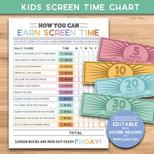Lista de verificación de tiempo de pantalla - Niños y adolescentes - Cómo ganar tiempo de pantalla (PACK) más SCREEN BUCKS - Instantáneo - Tabla de seguimiento de tareas (8.5x11)