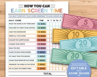 Screen Time Checklist - Kids & Teens - How to Earn Screen Time BUNDLE plus SCREEN BUCKS! - Instant - Chore Tracker Chart 8.5x11