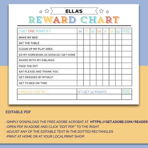 May include: A printable reward chart for kids with a colorful design. The chart has a list of chores and a grid for tracking points earned each day of the week. It also includes a section for a reward goal and a space to write what the child would like to earn.