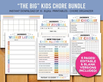 KIDS and Tweens Chore BUNDLE - Elenco e organizzatore delle pulizie familiari - Organizzatore stampabile per ADHD - Fogli di lavoro dopo la scuola