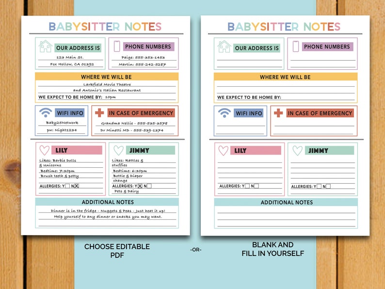 Babysitter Notes Sheet Printable 8.5x11 Editable or Blank - Etsy