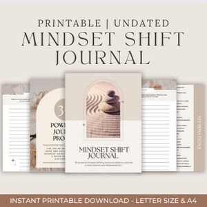 Op de afbeelding: Een verzameling printbare journals met de titel "MINDSET SHIFT JOURNAL". De covers tonen een zen-tuin afbeelding en de tekst "3 POWERFUL JOURNAL PROMPTS". Verkrijgbaar in Letter- en A4-formaten. Bevat affirmaties.