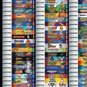 May include: A collection of video game cartridges for the Game Boy Advance handheld console. The cartridges are arranged in rows and columns, and they feature a variety of different game titles, including Pokemon, Sonic the Hedgehog, and Mario Kart. The cartridges are all in their original packaging, and they are in good condition.